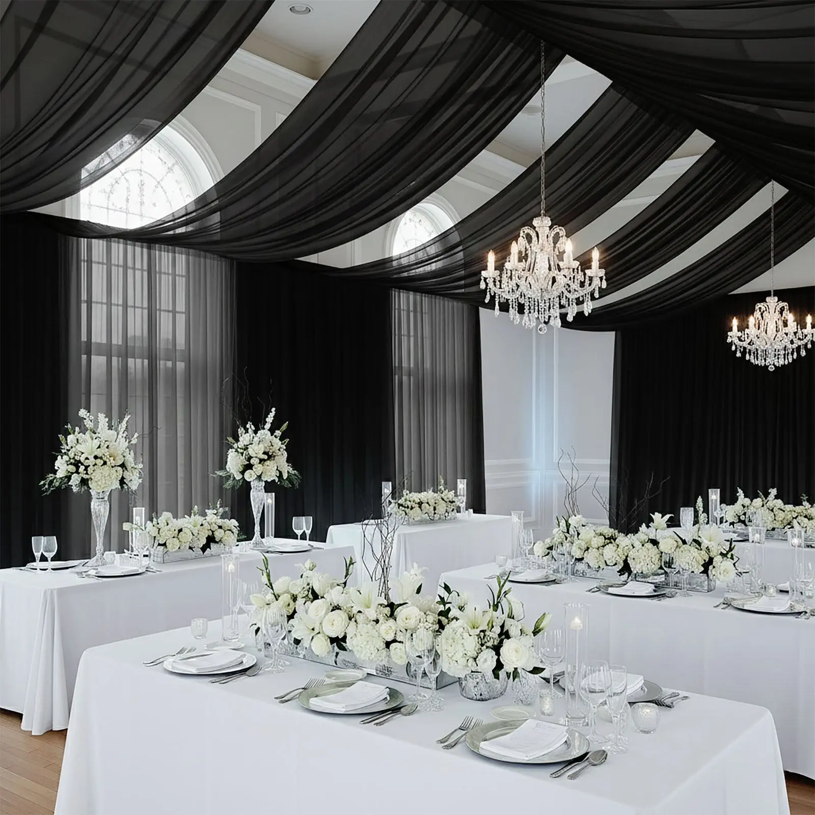 Black Chiffon Draped Curtain - 5ftx20ft Durable Flame Resistant Rod Pocket Curtain for Wedding Backdrop, Party Decor Supplies, Tents, Restaurants (Ceiling Panel Compatible), Banners