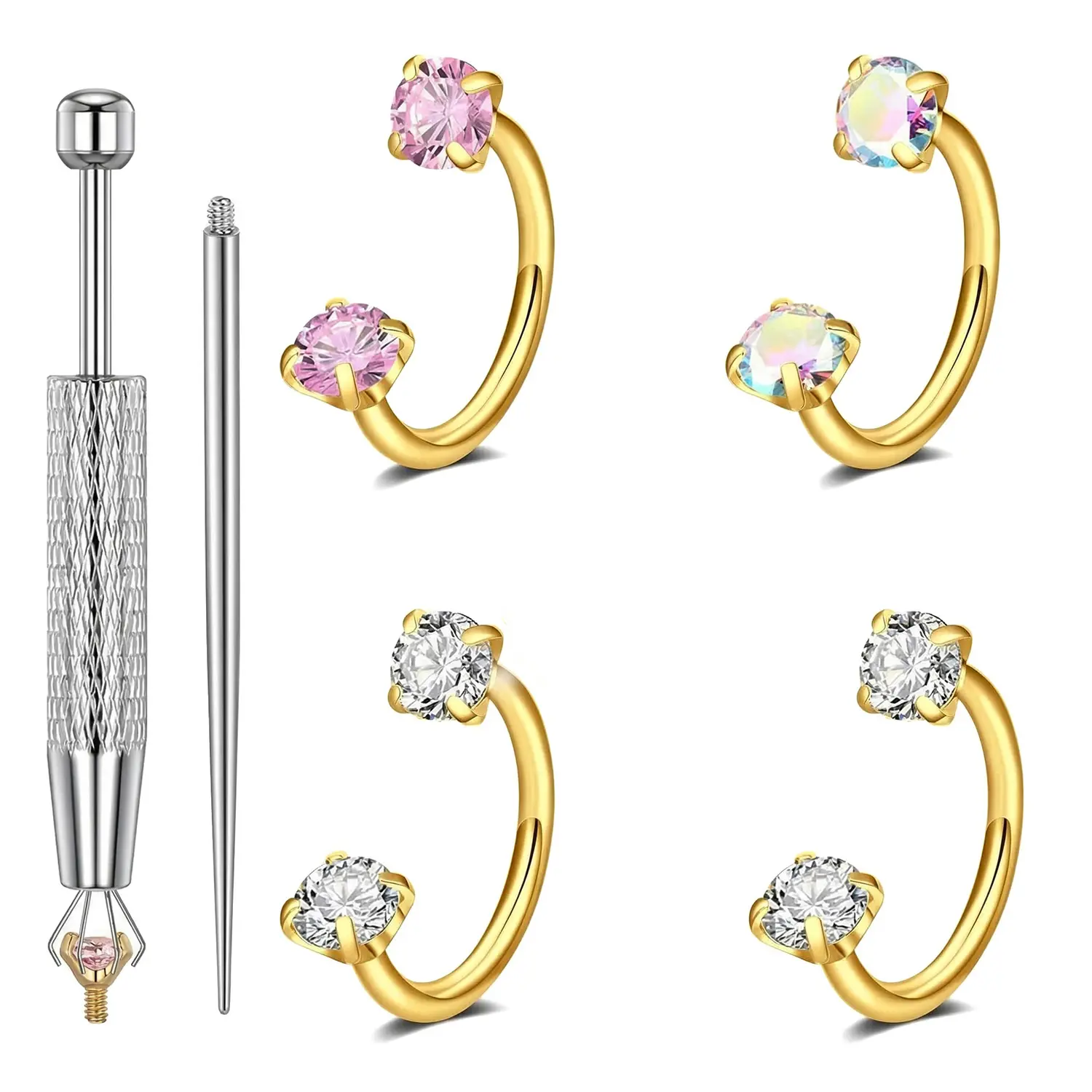 316L Surgical Steel Horseshoe Nose Rings Hoops, 20G Push Pin Threadless Nose Rings For Women Men, Double Crystal Horseshoe Septum Lip Eyebrow Helix Daith Ear Piercing Jewelry