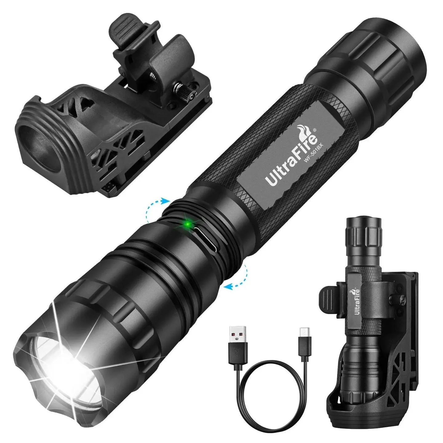 UltraFire WF-501BX Tactical Flashlight, 360° Rotating Holster, 1000 Lumens USB Rechargeable LED Torch, 3 Modes for Duty Patrol, Hiking, Outdoor Use