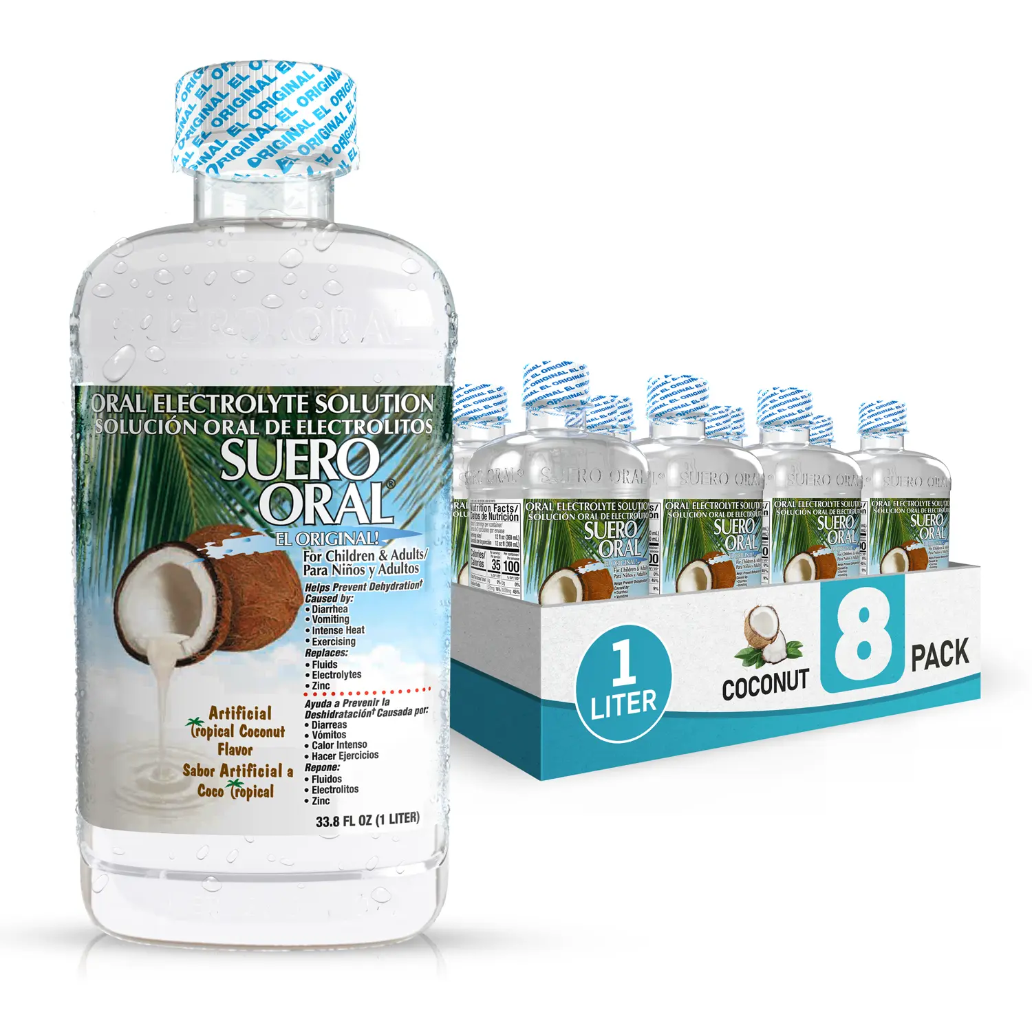 Suero Oral - Electrolyte Solution - Coconut - 8 Pack- Electrolytes Drink, Hydration Booster & Rehydration Drink for Kids & Adults, Hydrates, Replenishes, Energizes, Coconut Flavor, 1 Liter.
