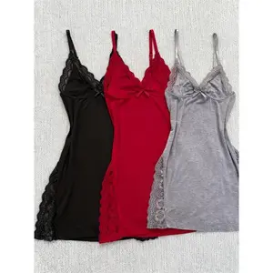 3pcs Of Women's Solid Lace Nightdress, Lace Panels, Skirt Side Slits, Sexy Lace Home Nightdress Nighty Dress For All Season