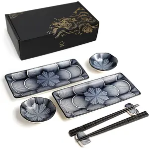 8 Piece Japanese Style Ceramic Sushi Plate Set 10-inch Rectangular Sushi Dishes Includes 2 Sushi Plates 2 Sauce Dishes 2 Pairs of Chopsticks 2 Chopsticks Holders