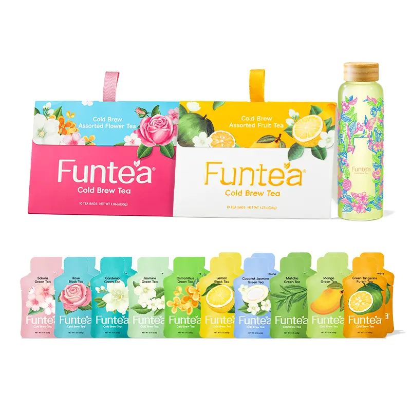 Cold Brew Fruit & Flower Tea Bags (2 Boxes, 10 Packs Each, 3g-4g Per Pack, 10 Flavors) with Free 550ml/18.6oz Color-Changing Bottle, Real Fruit, Flower & Whole Leaf Tea, Rose-Osmanthus Oolong, Lemon, Jasmine, Summer Beverages