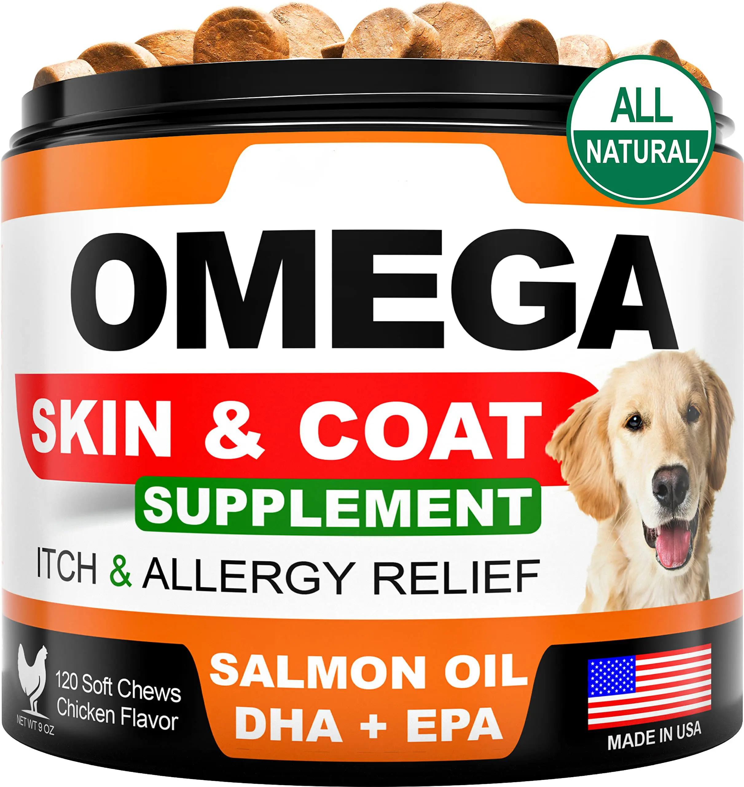 Omega 3 for Dogs - Skin and Coat Supplement - Fish Oil for Dogs Chews - Allergy and Itch Relief - Anti Shedding Supplement - Dry Skin Treatment - Salmon Oil - Made in USA - 120 Soft Treats