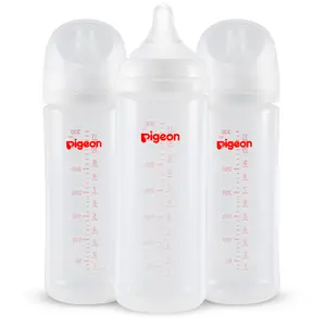 Pigeon PP Nursing Bottle Wide Neck, Anti-Colic, Streamlined Body, Natural Feel, Easy to Clean, 11.2 Oz (Pack of 3), Includes 3pcs L Nipples (6m+)