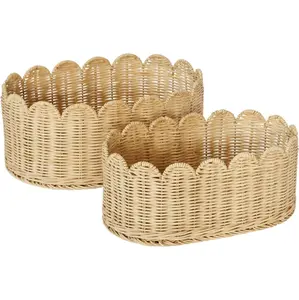 Premium Scalloped Basket Set of 2 - Hand-Woven Elegant Wicker with Scalloped Edge - Natural - Nursery Storage - 16 x 10 x 7 Inch