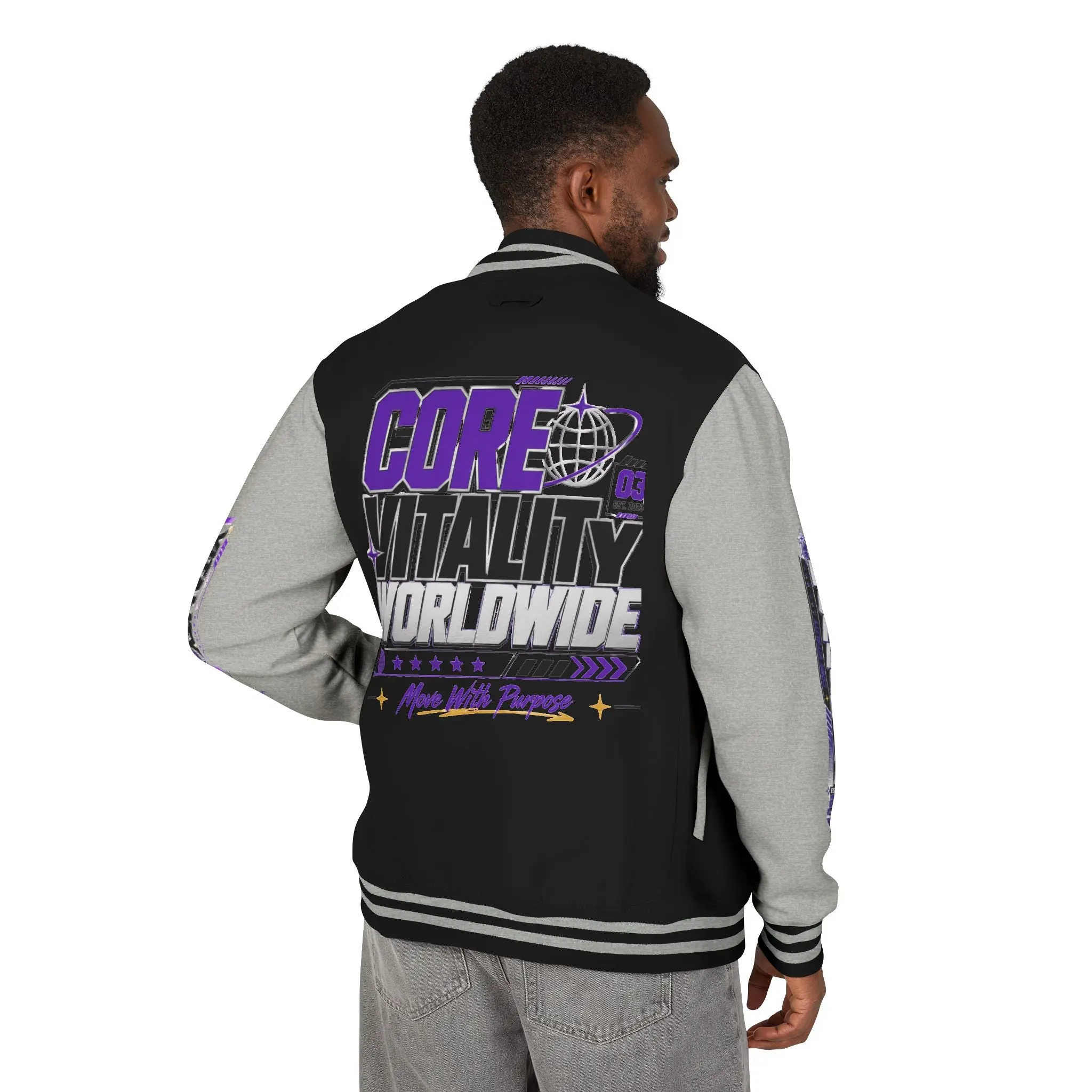 Core Vitality Worldwide Varsity Jacket Purple White Graphic Streetwear