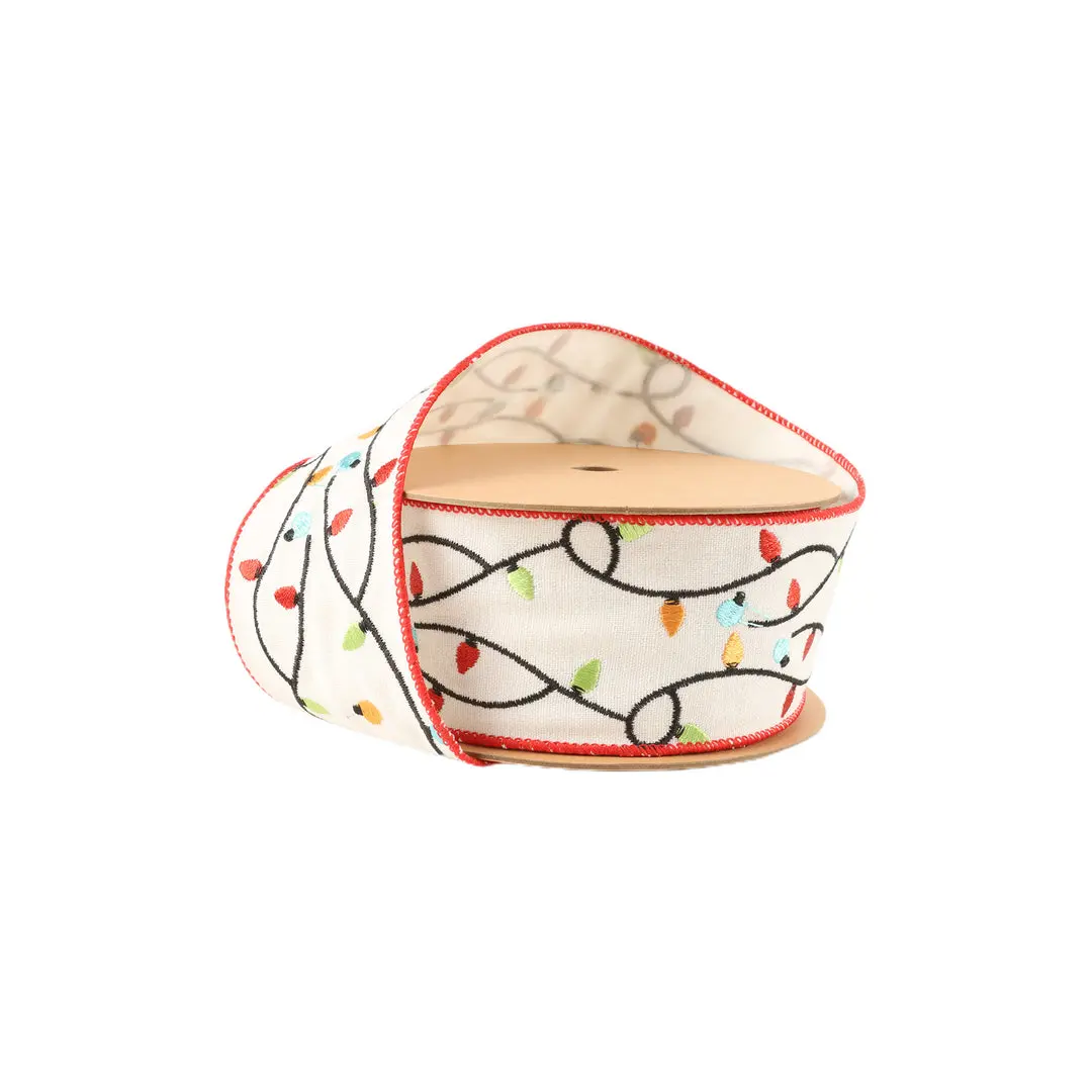 2.5" Wired Ribbon with Embroidered Christmas Lights, 5-Yard Roll for Christmas Decorations, Holiday Decor, Gifts