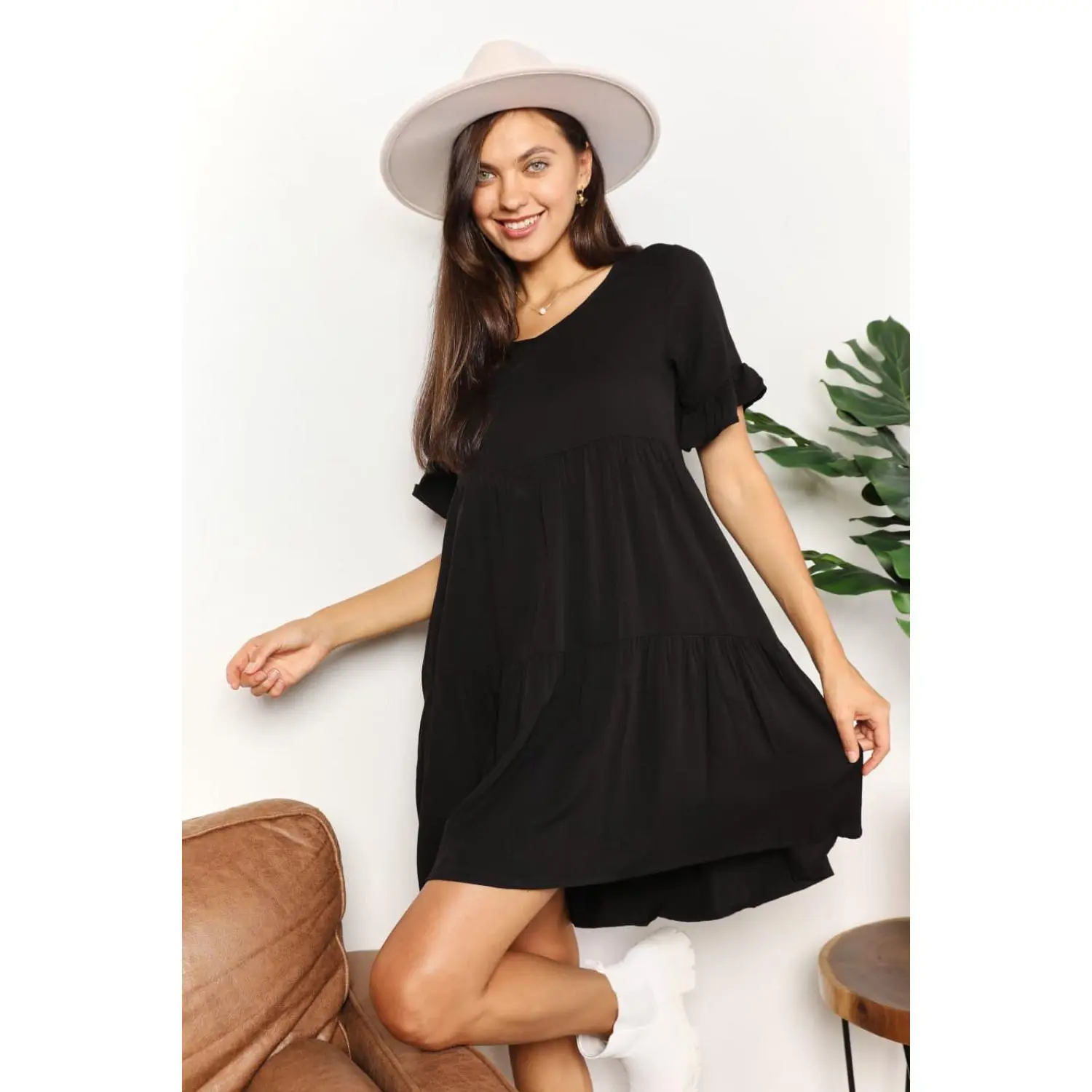 Mandy V-Neck Flounce Sleeve Tiered Dress