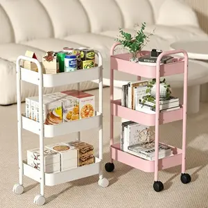 Metal Three-Tier Storage Cart, Rolling Organizer Trolley with Silent Lockable Wheels, for Baby Diapers, Crafts, Art and Teacher Supplies stand memory box