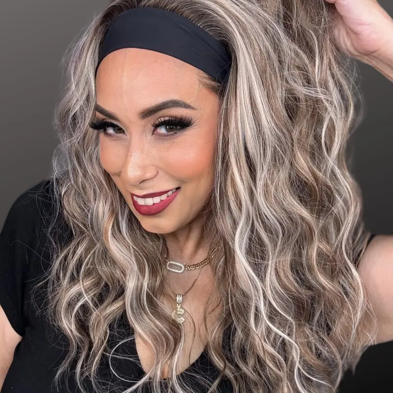 AISOM Maya Chai Cream Long Water Wave Headband Wig Low Density Heat Friendly Synthetic Wig Easy to Wear Throw It On & Go