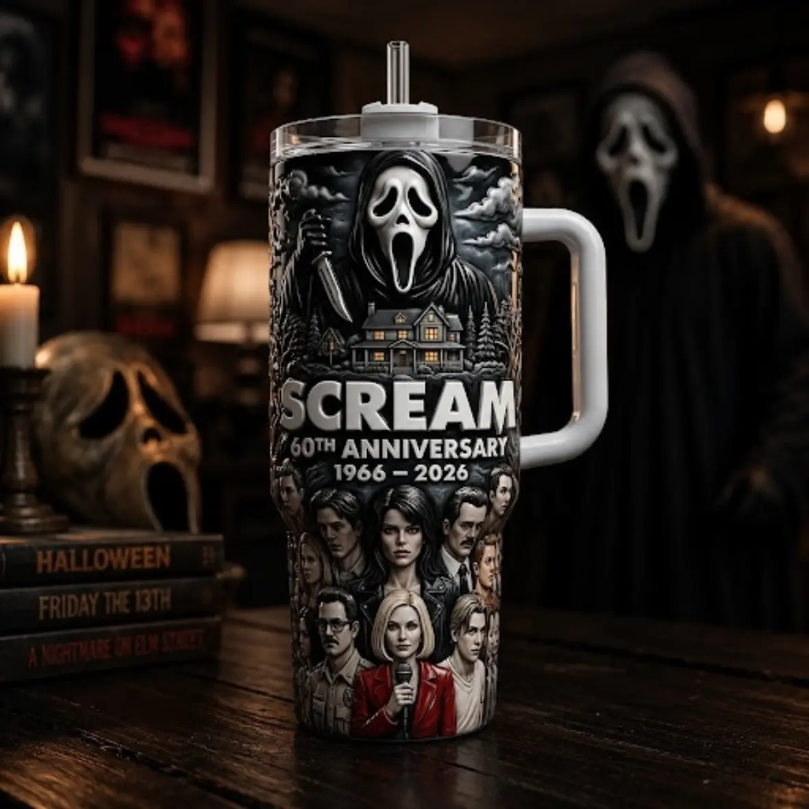 Scream 30th Anniversary 1996–2026 Horror Legacy 40oz Tumbler with Handle and Straw, Ghostface Inspired Insulated Travel Mug, Woodsboro Slasher Collector Cup, Spooky Cinema Tribute, Halloween Gift for Scary Movie Fans