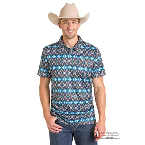 ROCK&ROLL AZTEC POLO SHIRT BLACK & BLUE AZTEC PRINT BM51T07273