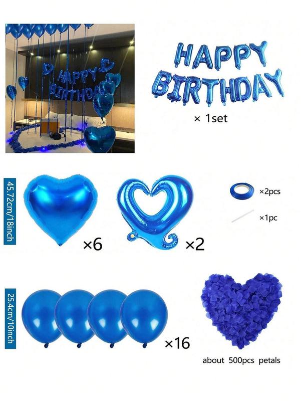 540pcs Blue Happy Birthday Party Decor Kit, Balloon Banner + 40in Foil Number Balloons, Blue Heart Balloons, Blue Rose Petals, Blue Theme Birthday Backdrop for Men Women, Photo Booth & Home Party Setup