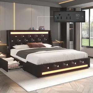 Full Size Faux Leather Upholstered Storage Bed Frame with LED Lights, Charging Station, Diamond Headboard, 2 Storage Drawers, Metal Slats, Noise-Free, Easy Assembly, No Box Spring Needed, Black