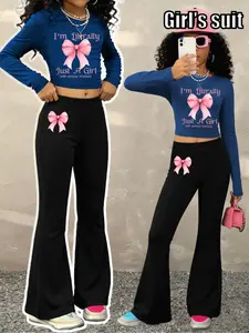 Girls' new fashion Y2K style suit for spring and autumn, featuring a long-sleeved top with pink bow print and flared pants, comfortable and casual, suitable for going out.