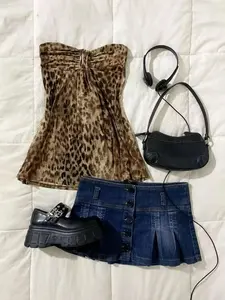 Women's New Chest Ruched Pleated Design Lycra Stretchy Digital Print Leopard Elegant Evening Party Strapless Halter Backless Vest Top, Perfect for Parties, Stylish, Chic and Comfortable Fit, Womenswear