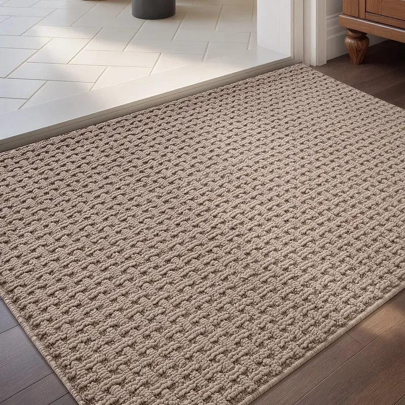 LUMI Indoor Door Mat - Non-Slip Rubber Backed Rug for Entryway, Low-Profile, Absorbent, Washable, Khaki Color (Rolled-up NO Creases)