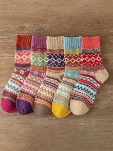 Women's 5 Pairs Ethnic Pattern Fitted Crew Socks, Retro Cozy Warm Socks for Fall & Winter, Women's Socks for Daily Wear, Womenswear