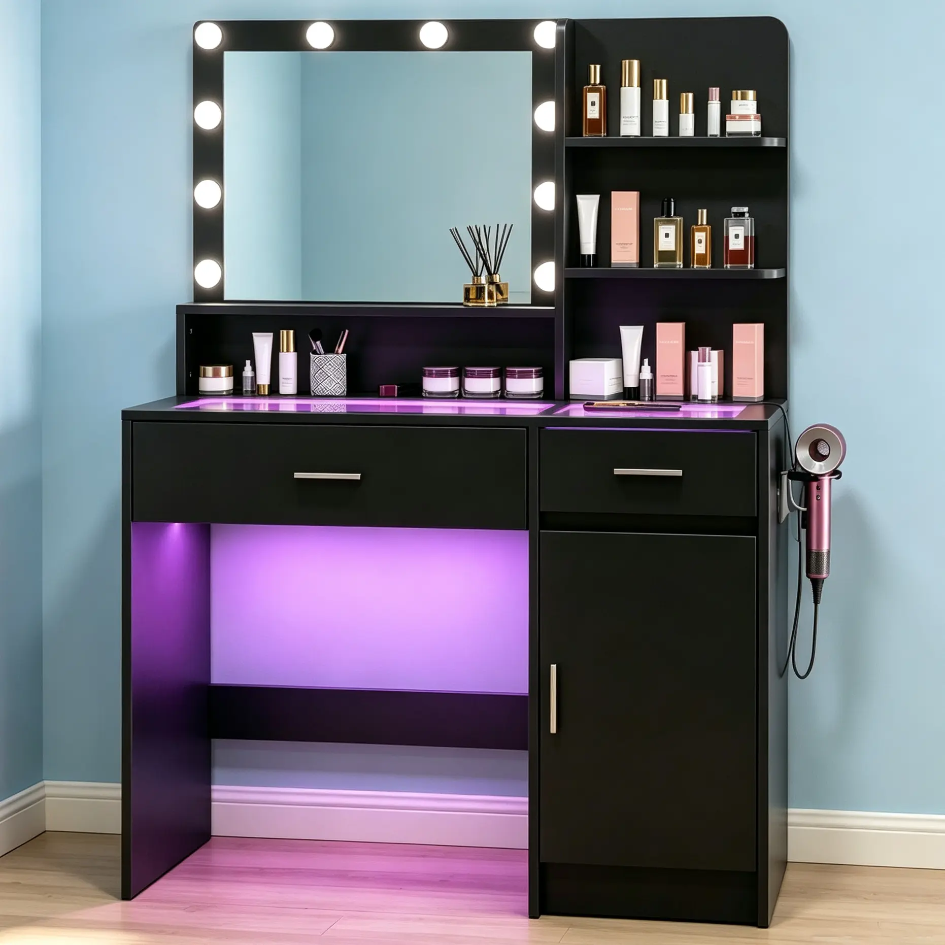 CollaredEagle Vanity Desk, Women Girls Bedroom Dressing Table, LED Lighted Makeup Station, Glass Top Vanity, RGB Drawer Vanity, USB Power Outlet Vanity, Adjustable Brightness Vanity homemakeover color light cabinet transparent