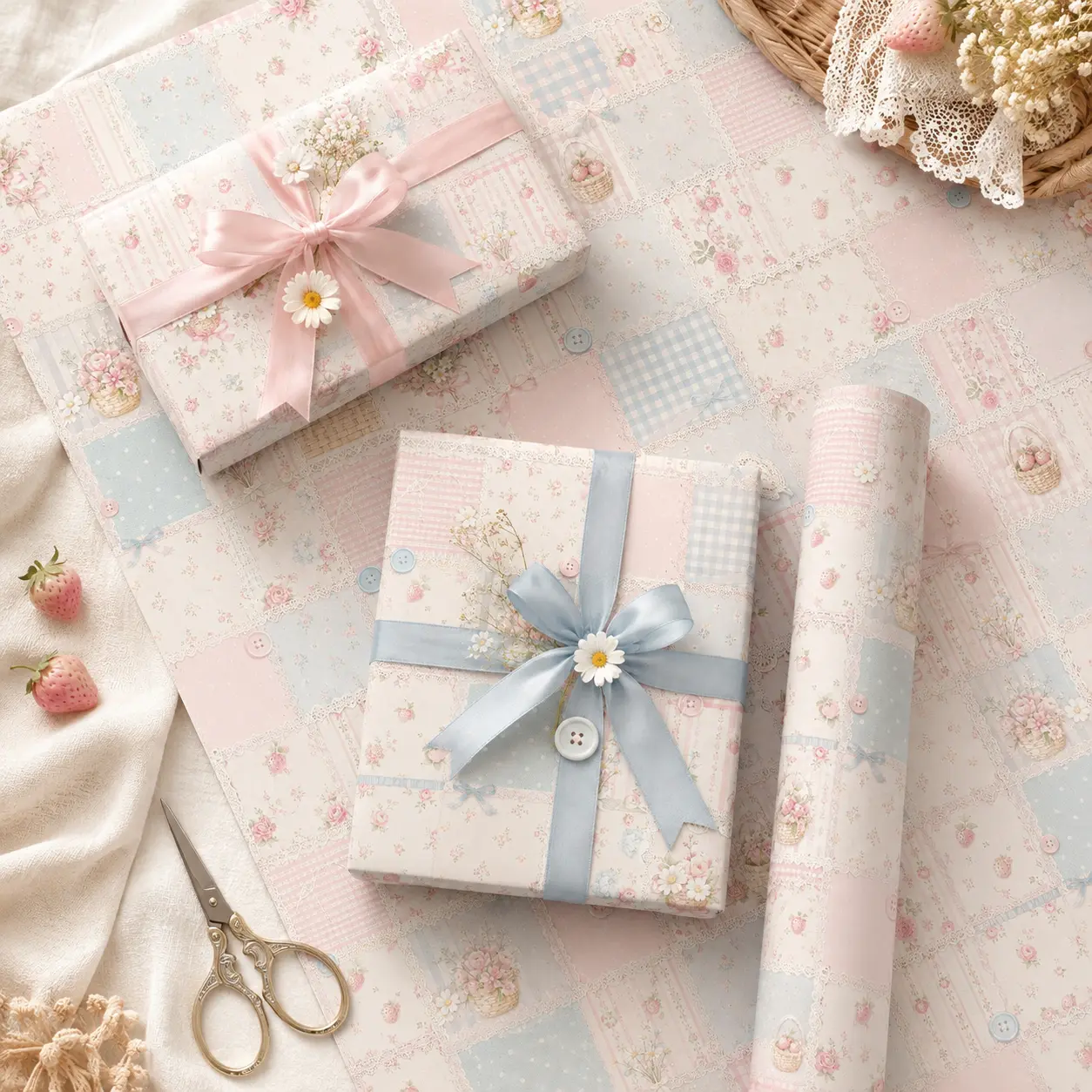 Shabby Chic Vintage Patchwork Quilt Gift Wrapping Paper Sheet - Pastel Floral Lace Button Strawberry Wrap for Baby Shower Mothers Day Wedding