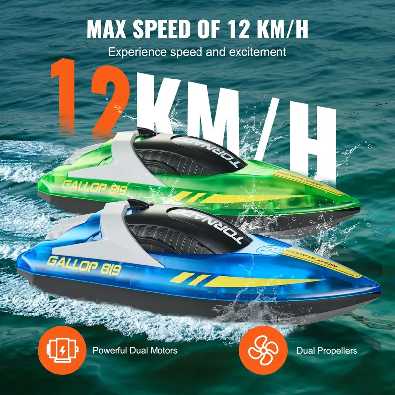 VEVOR 2-Pack RC Speed Boat, 2.4GHz 12km/h Racing Boat with 1200mAh 4 Rechargeable Batteries (80 Min Run Time), 50m Range, LED Light, Waterproof, Dual Motors, Auto Power-Off, for Pools & Lakes, Back-to-School Gift for Kids 6–8 Years, Blue
