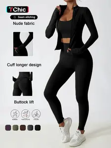 Women's High Waist Zipper Long Sleeve Yoga Pants Set, Elastic and Comfortable, Casual Wear for Daily, Fitness Running Cycling, Sportswear, Gym Outfit