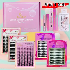 Cluster Eyelash with Gift Box, 9 Counts/set 3D Devil Style Eyelash with Eyelash Glue Extension & Tweezers & Glue Remover & Curler, Eyelashes Extension Eye Makeup Tool for Women, Christmas Gift Ideas