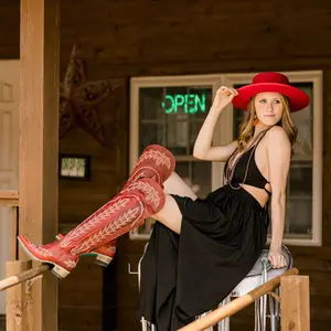 Heelchic Embroidered Cowboy Boots for Women Lace up Thigh High Boots Wide Calf Over The Knee Boots Side Zip Western Cowgirl Boots