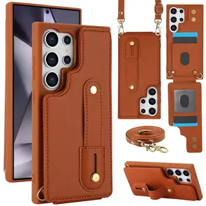 Samsung Galaxy S25/s24/s23 Wallet Case with Lanyard, Card Holder, PU Leather Durable Stand Slot, Dual Magnetic Buckles, Shockproof Cover
