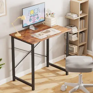 31in Modern Computer Desk - Home Office Study Table with X-Shaped Metal Frame, Simple Style Writing Desk for Bedroom dorm room, Rust-Resistant Workstation, Brown