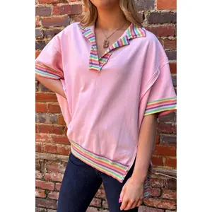 Pink Rainbow Stripe Ribbed Patchwork Raw Seam Oversize Polo Tee