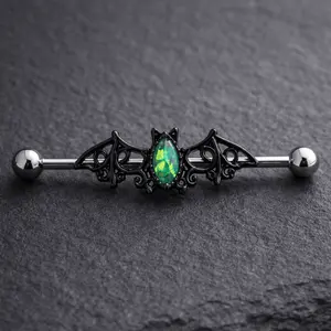 Stainless Steel Black Bat with Green Synthetic Opal Industrial Barbell