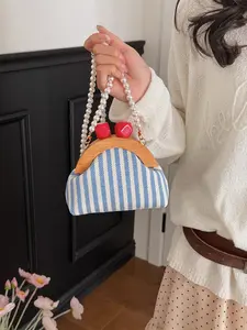 2026 New French Retro Striped Clutch Bag for Women, Pearl Chain Crossbody Bag, Wooden Clip Shell Bag, Lightweight Canvas Small Bag