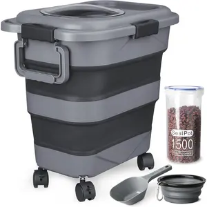 Dog Food Storage Container，10-25 lbs Airtight Collapsible Cat Food Storage Container with Attachable Wheels, Portable Handle, Dog Food Scoop for Dog Cat Bird Pet Dry Food Storage Bin Dark Grey