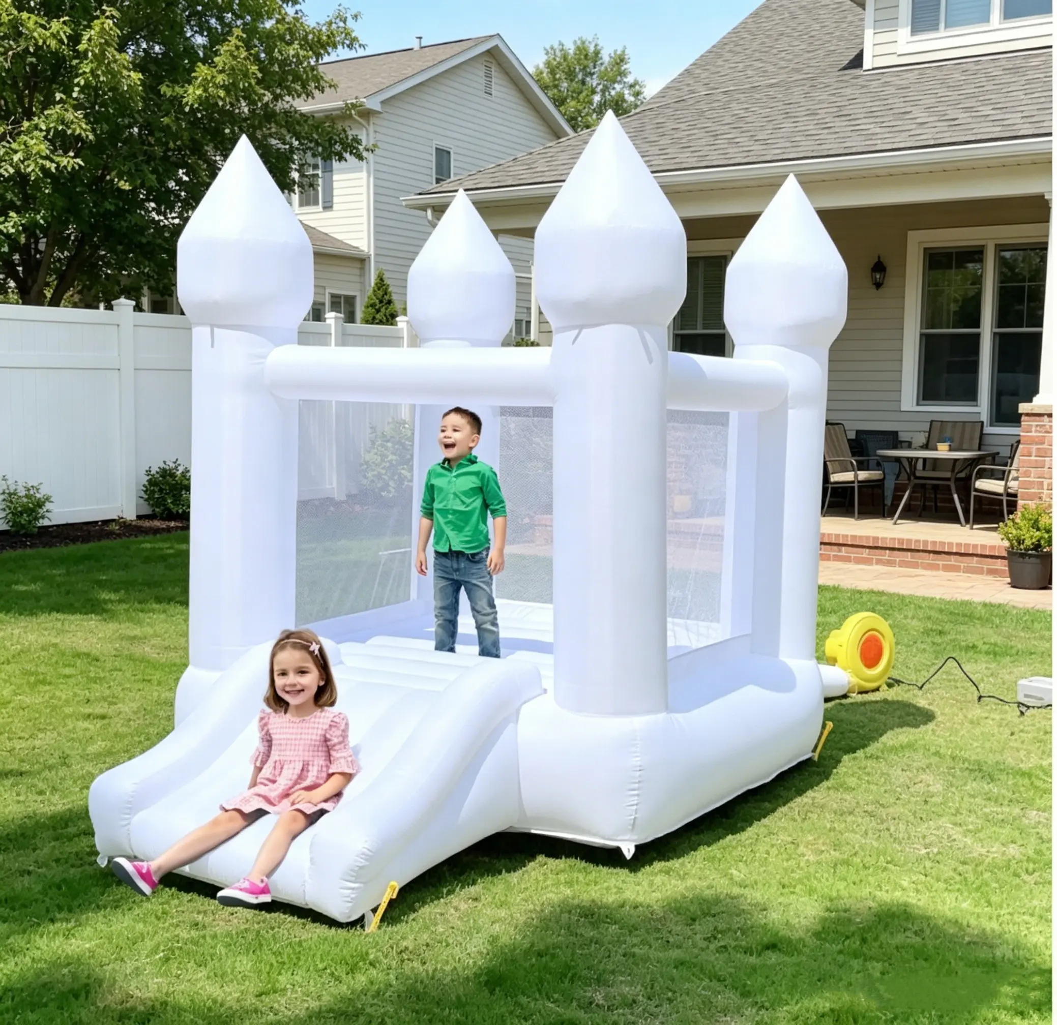 Oxford White Bounce House with Slide and Air Blower for Kids&Toddler Inflatable Trampoline with Blower, Jumping Castle with Slide, Home Backyard Bouncy Castle for Kids Halloween, Christmas, Birthday Gift