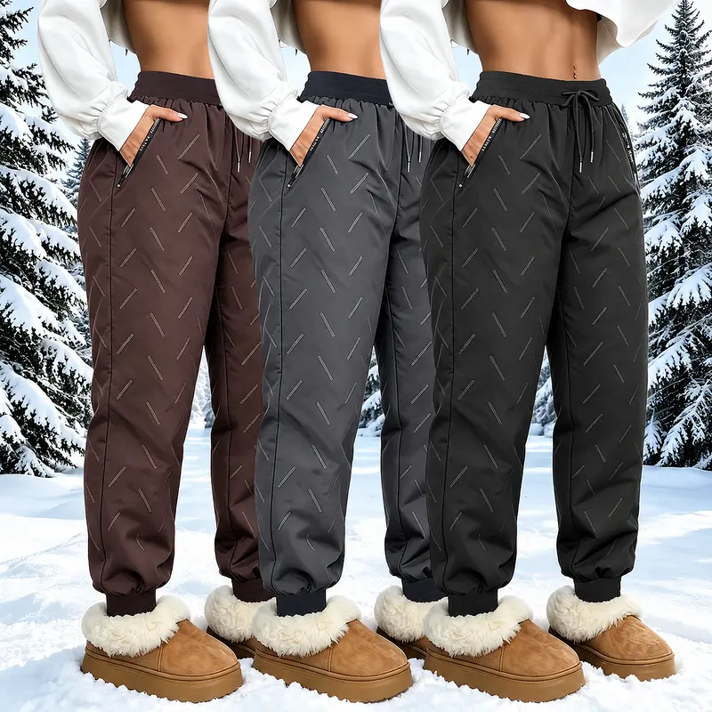 Women’s winter fleece-lined cotton jogger pants with a drawstring elastic high waist, all-over linear texture print, side zipper pockets, thickened warm windproof long pants, outdoor snow-friendly casual trousers