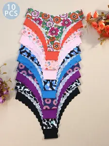 Women's Floral Print Panties Set, Breathable Fitted Underwear, Plain Leopard Pattern Design, All Season Comfort Wear, Womenswear