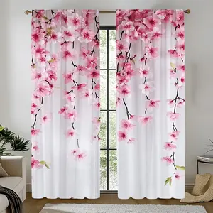 2pcs Cherry Blossom Curtains Rod Pocket, Japanese Style Floral Drape for Bedroom, Living Room, Minimalist Spaces, Contemporary Design, Home Decoration Curtain, Window Curtain