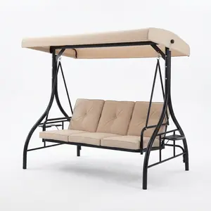 3-Person Outdoor Swing Chair with Adjustable Canopy, Convertible Swing Bed & Stand, Plush Cushions & Cup Holders, All-Weather Steel Frame for Patio, Garden