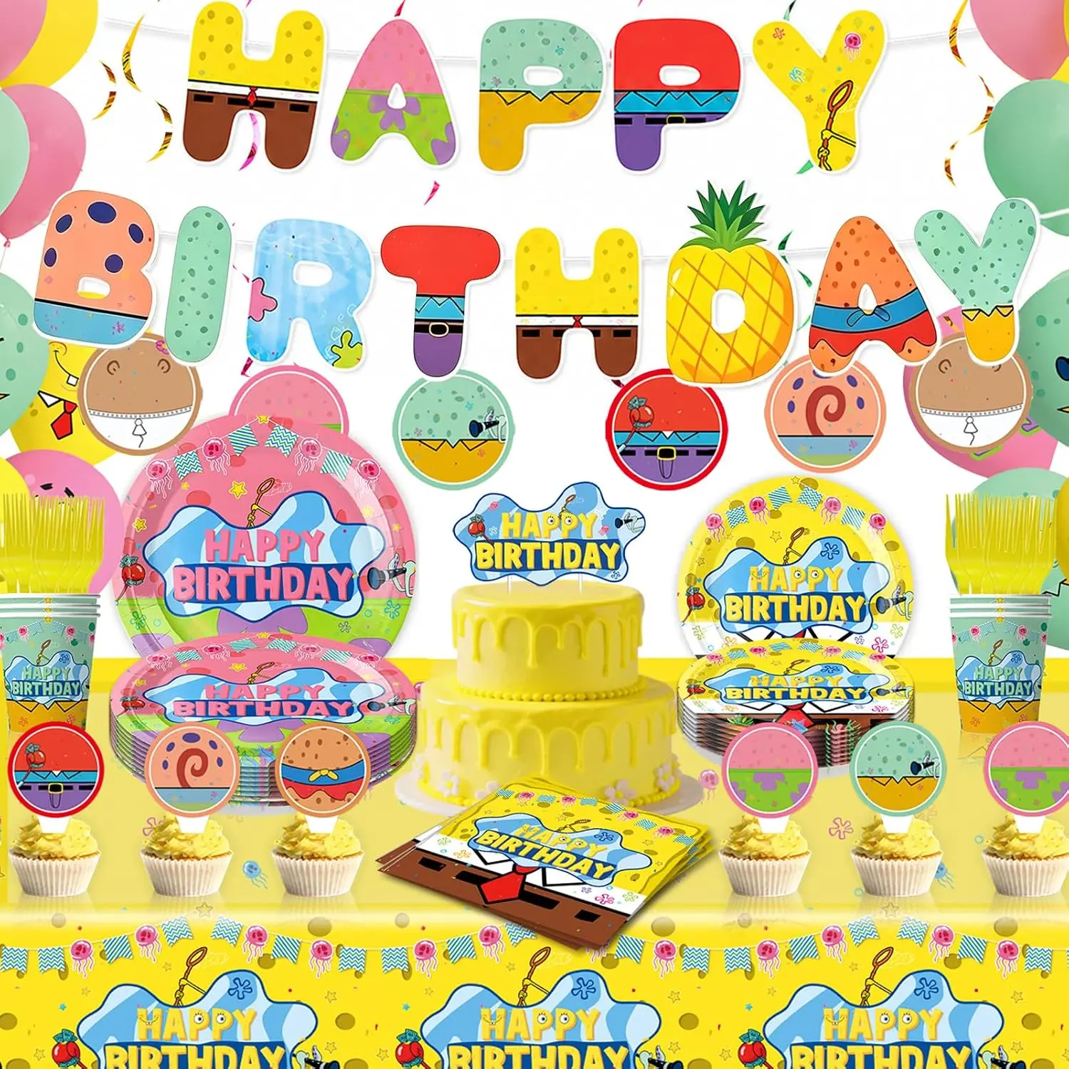 184PCS Cartoon Birthday Party Supplies Set - Under the Sea Theme Decorations Includes Banner, Tablecloth, Plates, Cups, Napkins, Balloons, Cake Toppers & Forks - Serves 20 Guests
