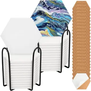 24 Pack Ceramic Tiles for Crafts with 2 Holders, White Unglazed Blank Ceramic Coasters with Self-Adhesive Cork Backing Pads for  Pouring, Painting, Make Your Own DIY Coasters (Hexagon)