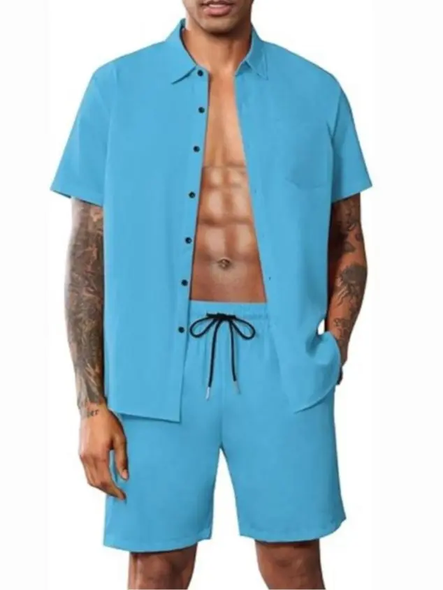 LecGee Men Summer Casual Short Sets Solid Short Sleeve Pocket Button Down Shirt Elastic Shorts 2 Piece Outfits Tracksuit
