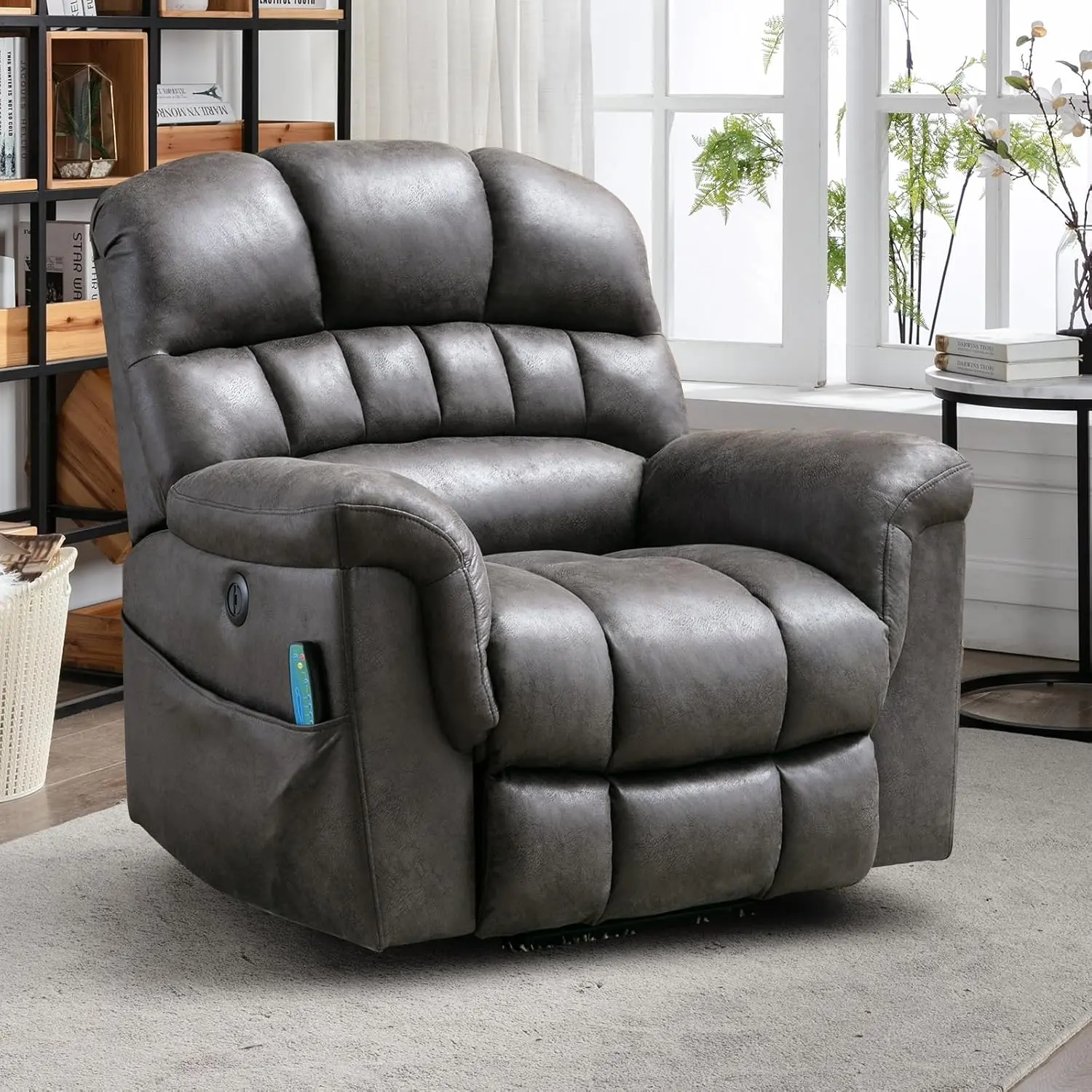 EBELLO Large electric lift sofa for the elderly, imitation leather massage recliner with heating function Grey Lumbar Heat Side Pockets