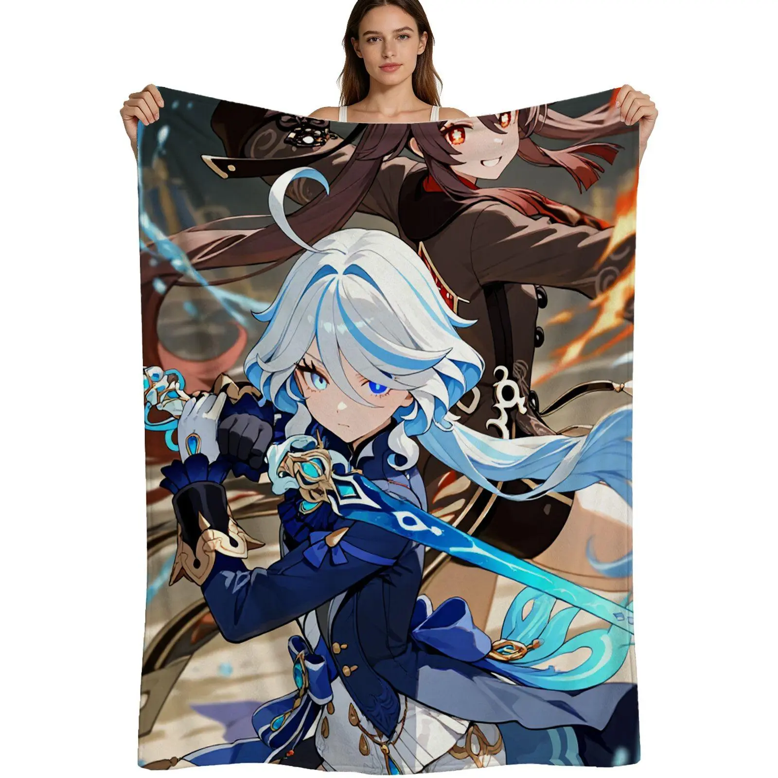 Anime Theme Genshin Impact Hu Tao & Furina Character Art Warm Flannel Blanket - Soft Plush Fabric, Vibrant Digital Print, Multi-Size (4 Options), For Gamers Bedroom & Sofa Use, Single Pack