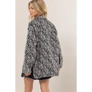 Black Zebra Print Snap Down Long Sleeve Shacket