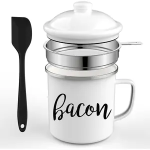 Bacon Grease Saver with Strainer, 46oz Large Capacity Bacon Grease Container With Silicone Spatula, Farmhouse Bacon Grease Keeper For Kitchen Fat Storage, Dishwasher Safe,White