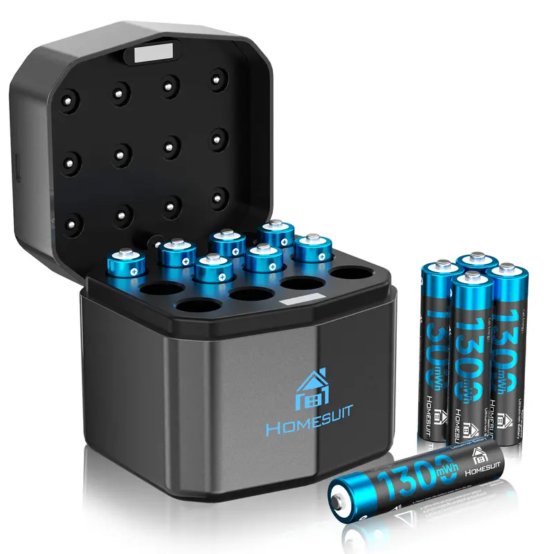Homesuit Rechargeable AAA Batteries Lithium with Charger 12-Slot, 12-Pack 1300mWh 1.5V Constant Output Triple AAA Batteries Rechargeable with Smart Charging LED Display