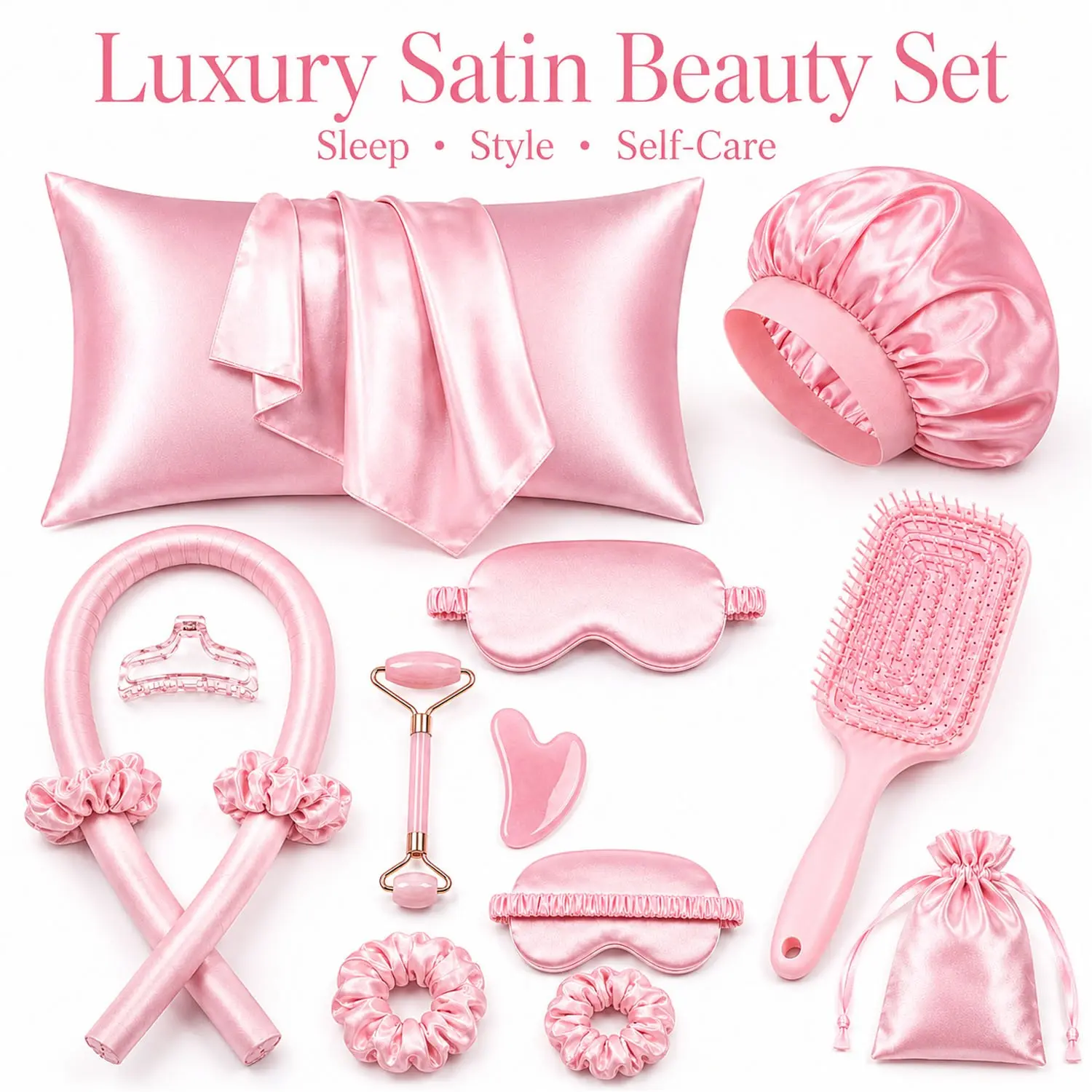 13Pcs Satin Hair Care Sleep Set for Women, Heatless Curling Rod Kit with Silk Pillowcase, Satin Bonnet, Sleep Mask, Scrunchies, Detangling Brush & Beauty Accessories for Frizz-Free Overnight Curls, Daily Self Care & Gifts, Heatless Curlers