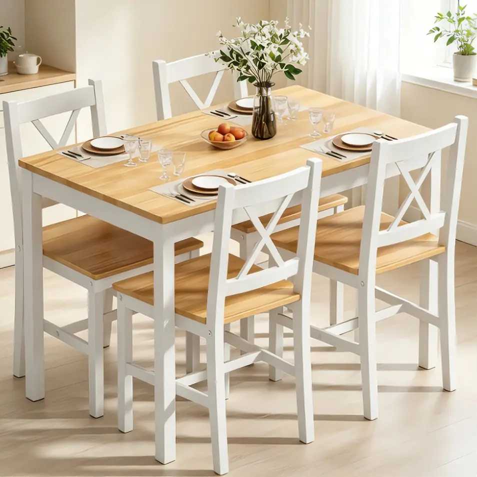 Modern Dining Set with White Crossback Chairs and Light Wood Table for 4 People